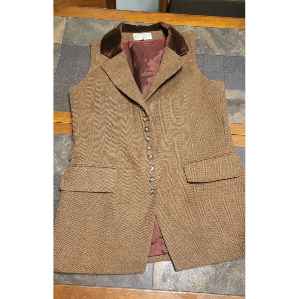 VTG‎ Jordan & Cole Womens Herringbone Wool Blend Vest Velvet Collar Equestrian M